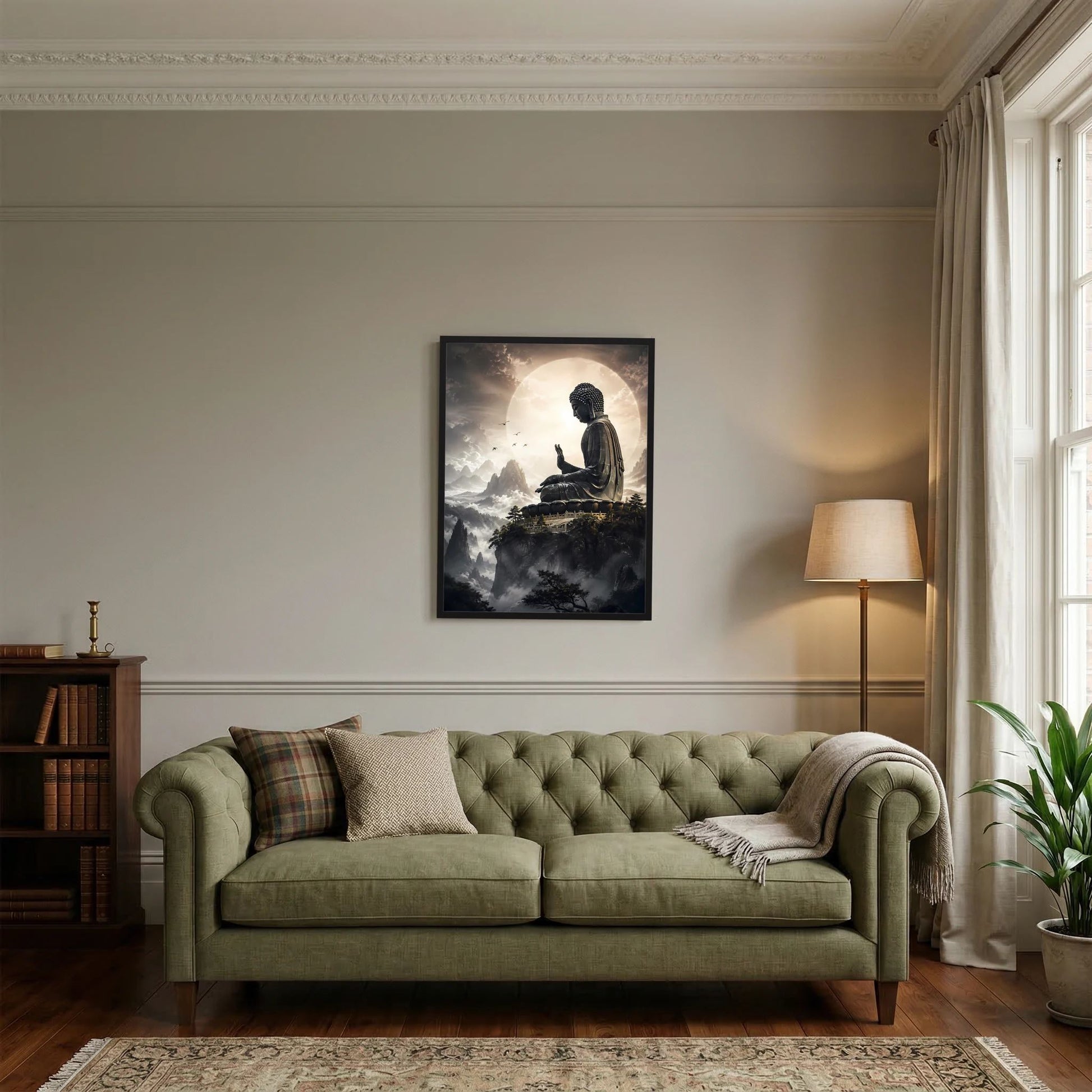Hochformat-Poster mit Rückenansicht des Meditierenden Buddha vor Wolkenlandschaft