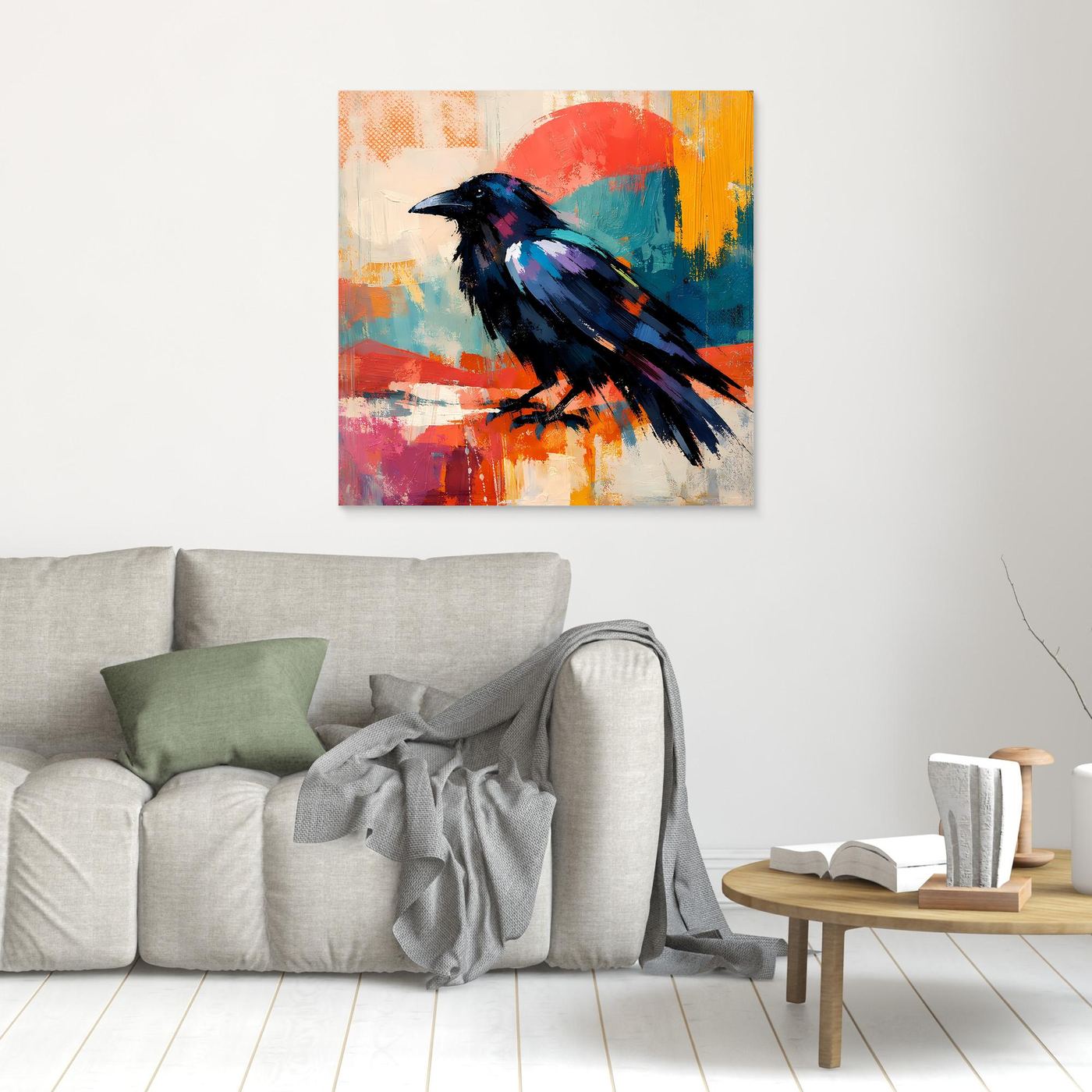 Canvas wall art: abstract black-and-blue bird on colorful paint splashes