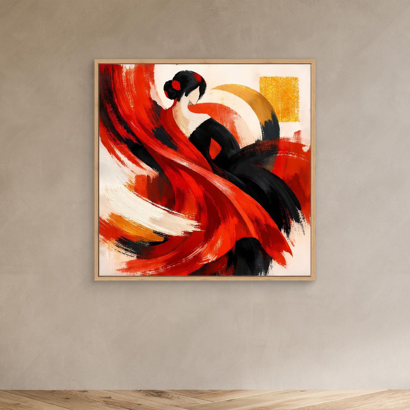 Leinwandbild mit Flamenco-Tänzerin in Rot und Schwarz, beiger Holzrahmen
