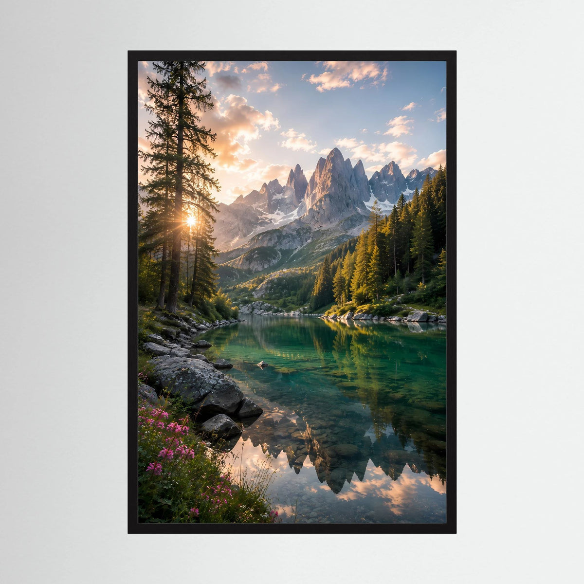Bergsee im Sonnenuntergang | Alpenlandschaft mit Wald & Spiegelung | Poster Hochformat