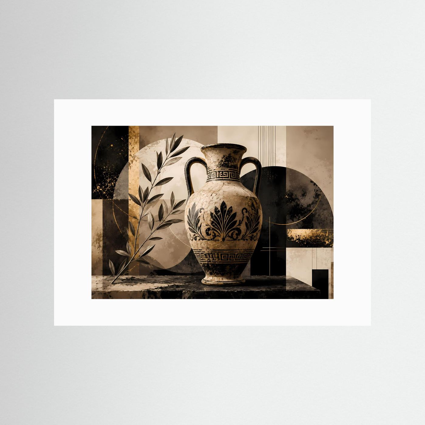 Poster mit antiker Amphore und Olivenzweig, beige, schwarz und gold, mit weißem Rand