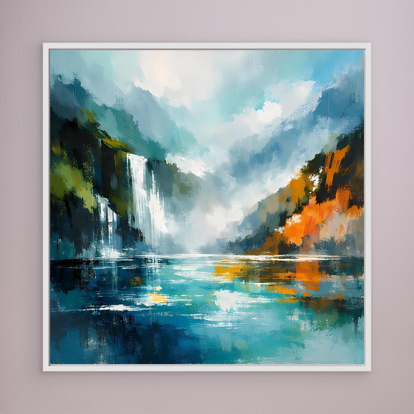 Gerahmtes abstraktes Wasserfall-Gemälde: blaues Fjord mit See und orangefarbenen Uferakzenten.