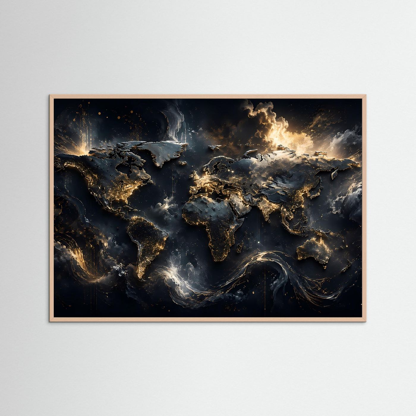 Weltkarte Gold Schwarz Poster | Moderne Weltkarte Wandbild | Luxus Fine Art | Abstrakte Landkarte | Panorama Leinwand