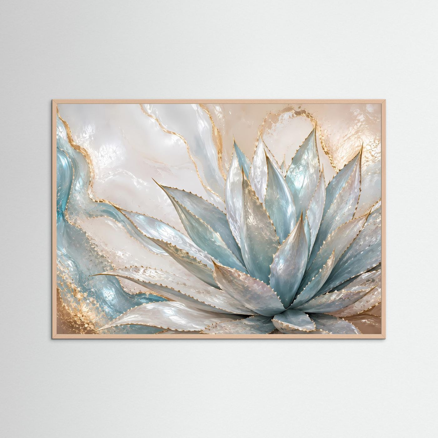 Poster mit abstrakter Agave in Blau, Creme und Perlmutt-Gold im Roséholzrahmen, Querformat