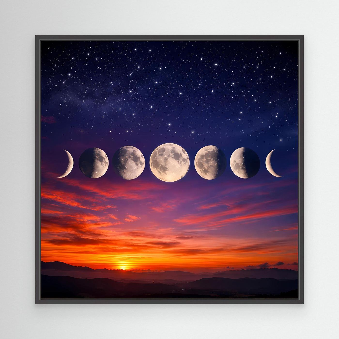 Leinwandbild mit Sternenhimmel und Mondphasen in schwarzem Rahmen, Querformat