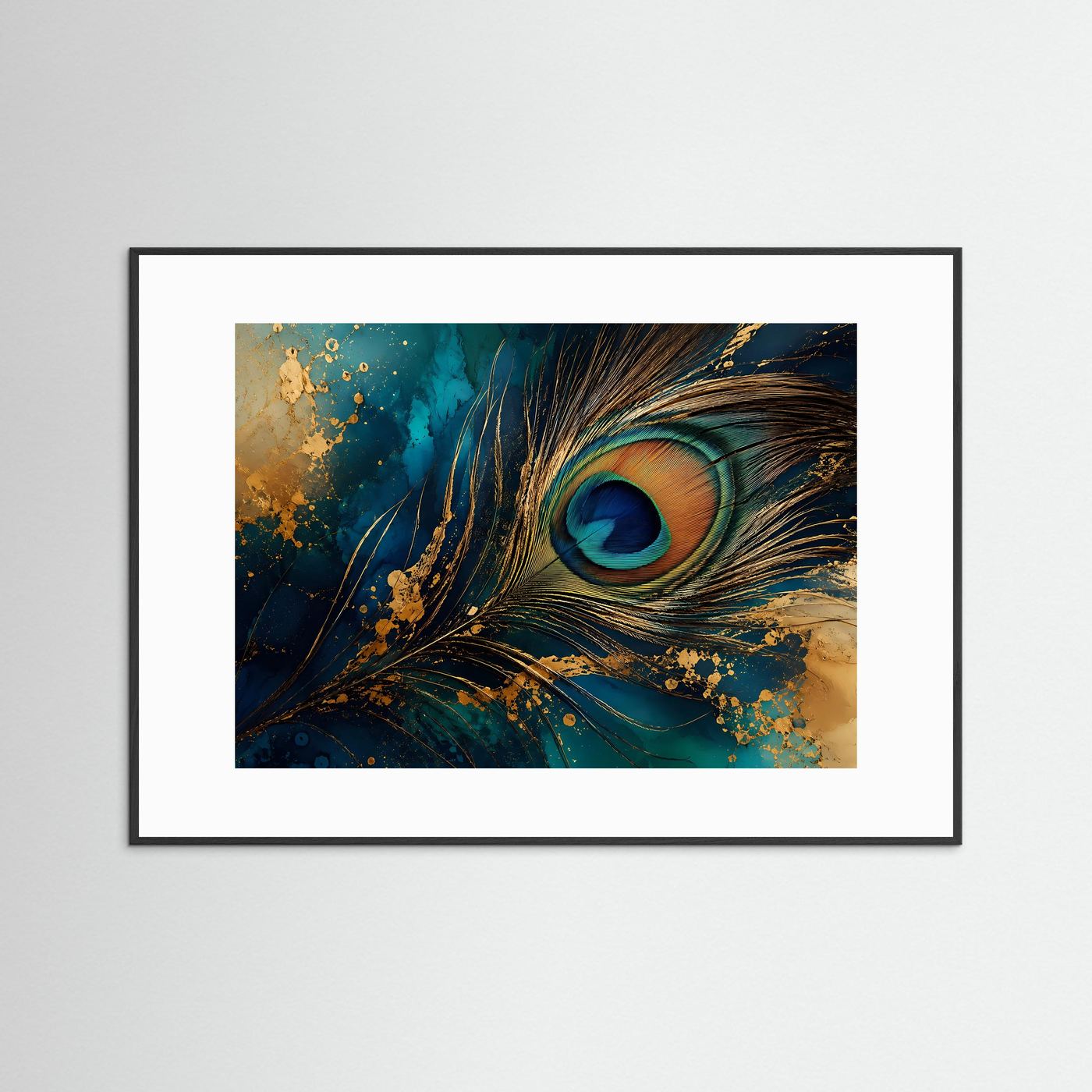Pfauenfeder in Petrol & Gold | Luxuriöse abstrakte Wandkunst