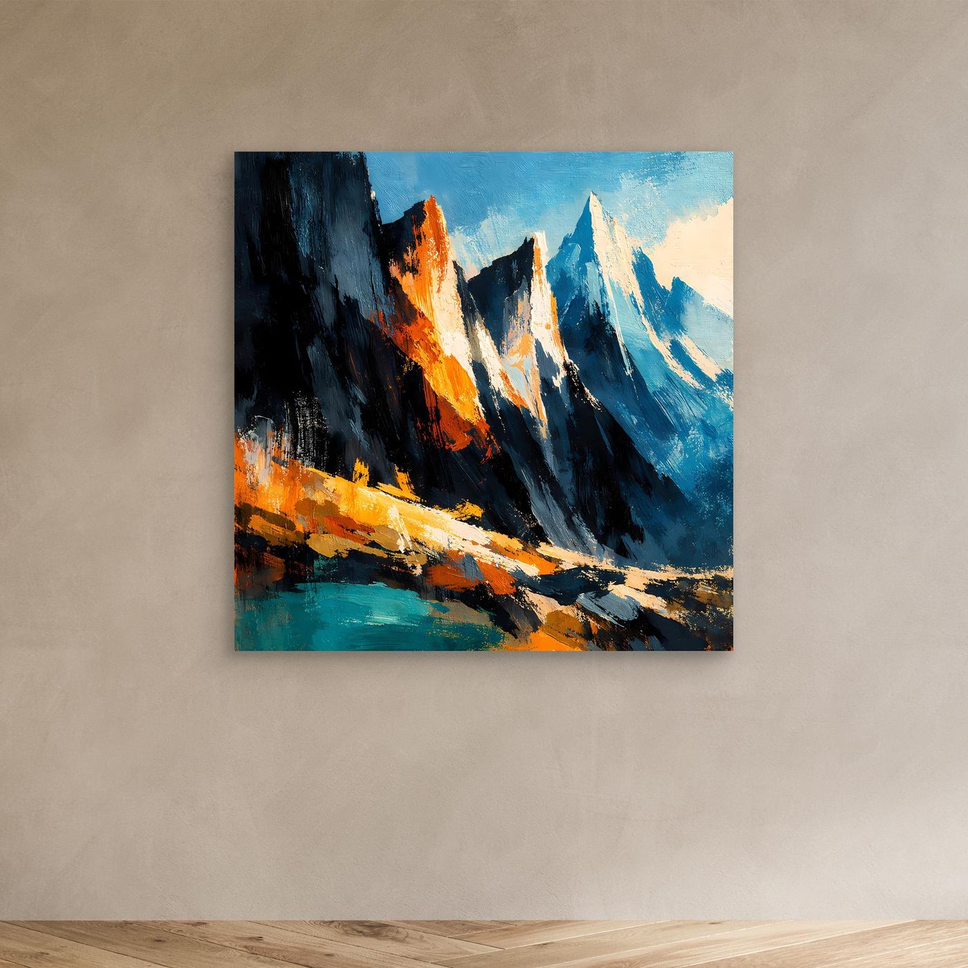 Abstraktes Leinwand-Wandbild mit Alpenbergen in Blau, Orange und Schwarz (ohne Rahmen)
