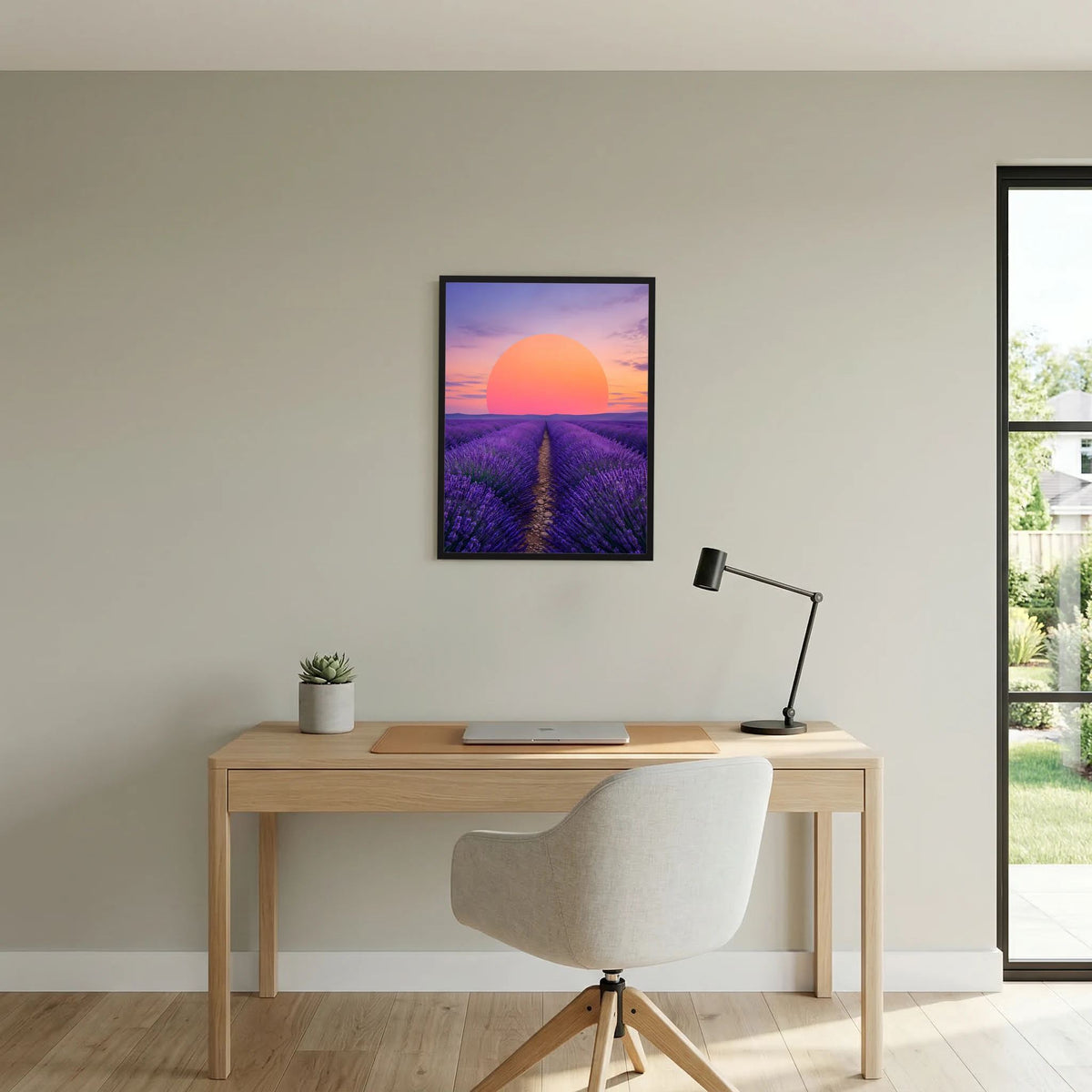 Hochformat-Poster mit Lavendelfeld, violettem Weg und großer orangefarbener Sonne über dem Meerhorizont.