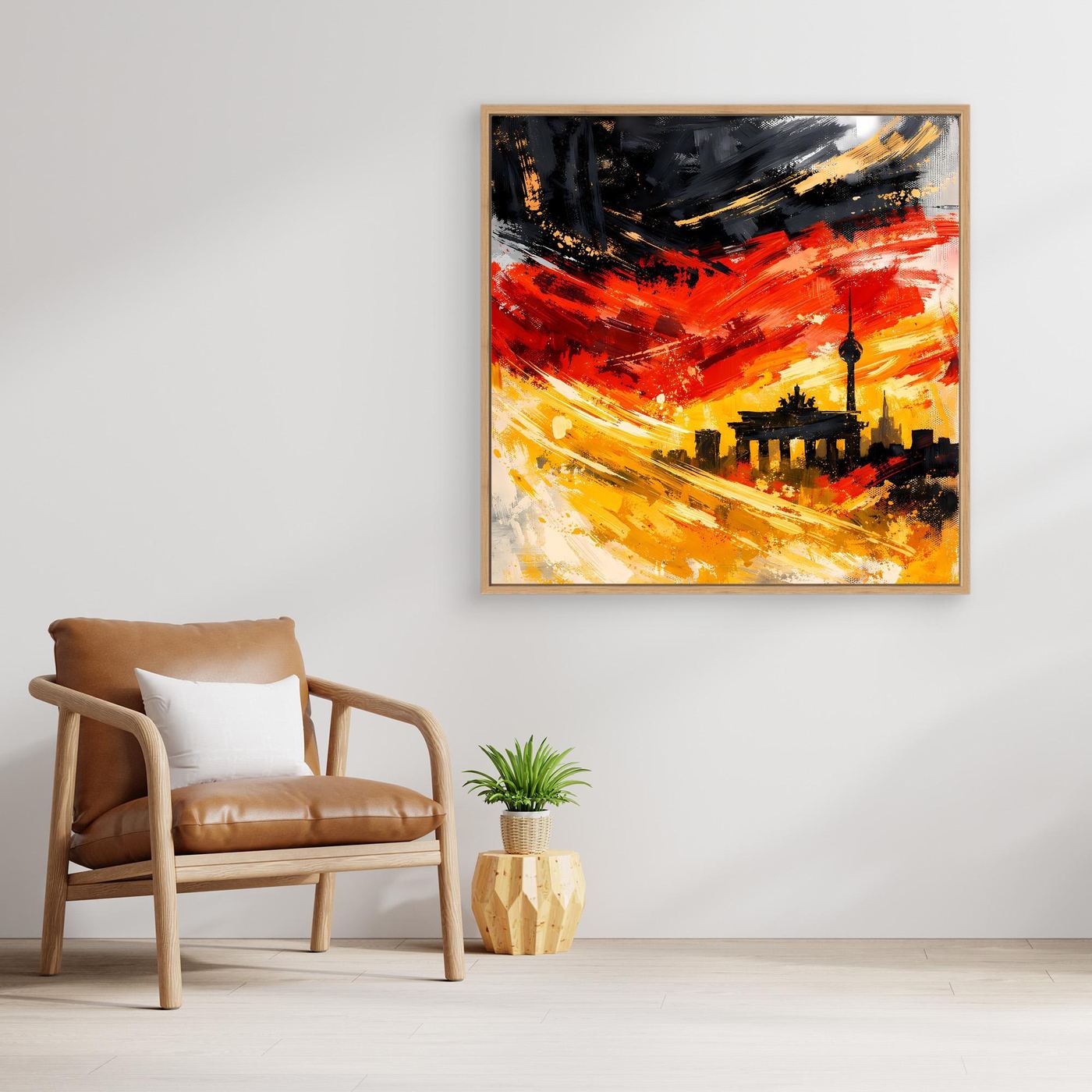 Abstraktes Leinwandbild Skyline, rote und gelbe Pinselstriche, schwarzer Turm im Holzrahmen