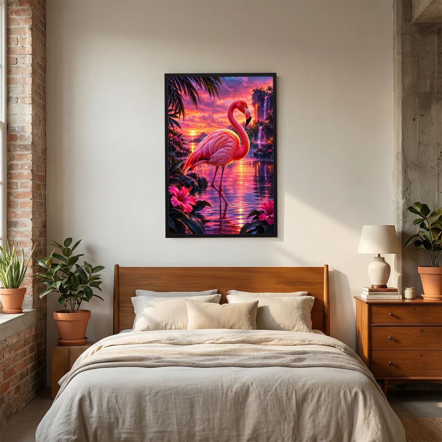 Flamingo-Tierposter im Hochformat mit schwarzem Rahmen und rosa Flamingo