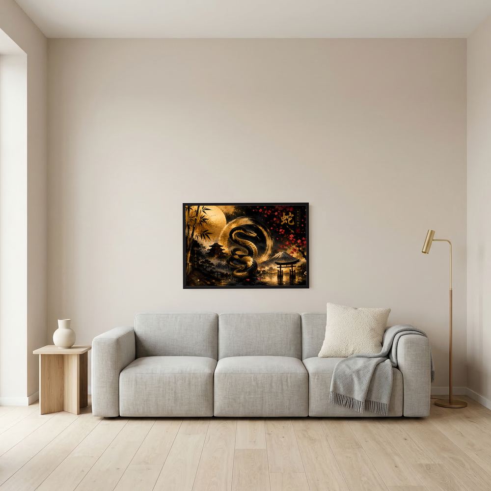 Wandbild im Querformat mit goldener Schlange im Zen-Garten, Teich und Pagode