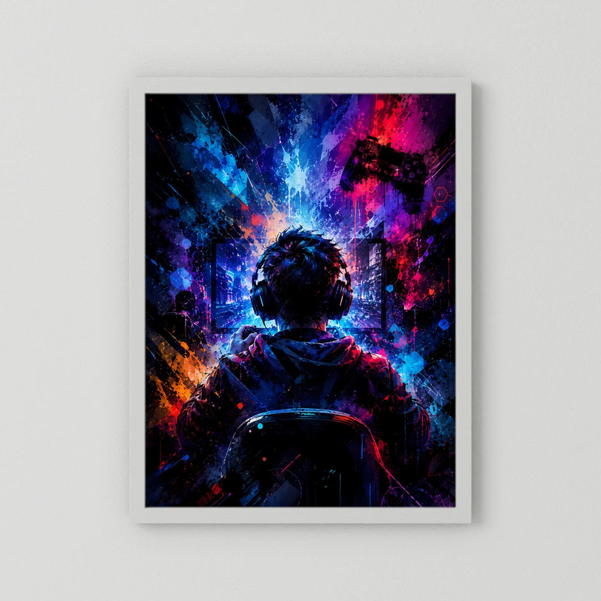 Poster im Hochformat mit weißem Rahmen, Gamer im Neon-Look mit Headset