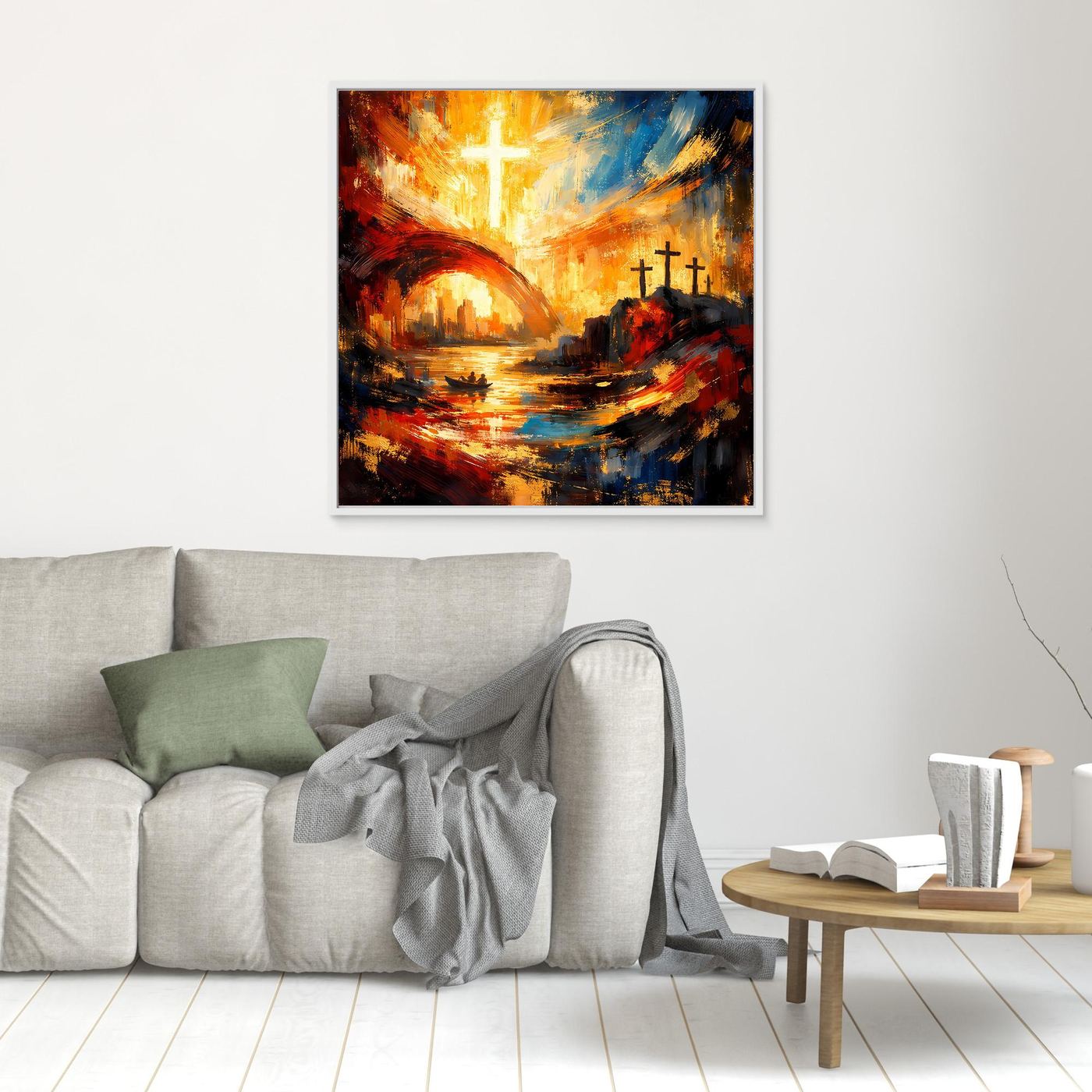 Abstraktes Leinwandbild an der Wand mit goldenem Kreuz, warmes Rot-Blau Farbspiel