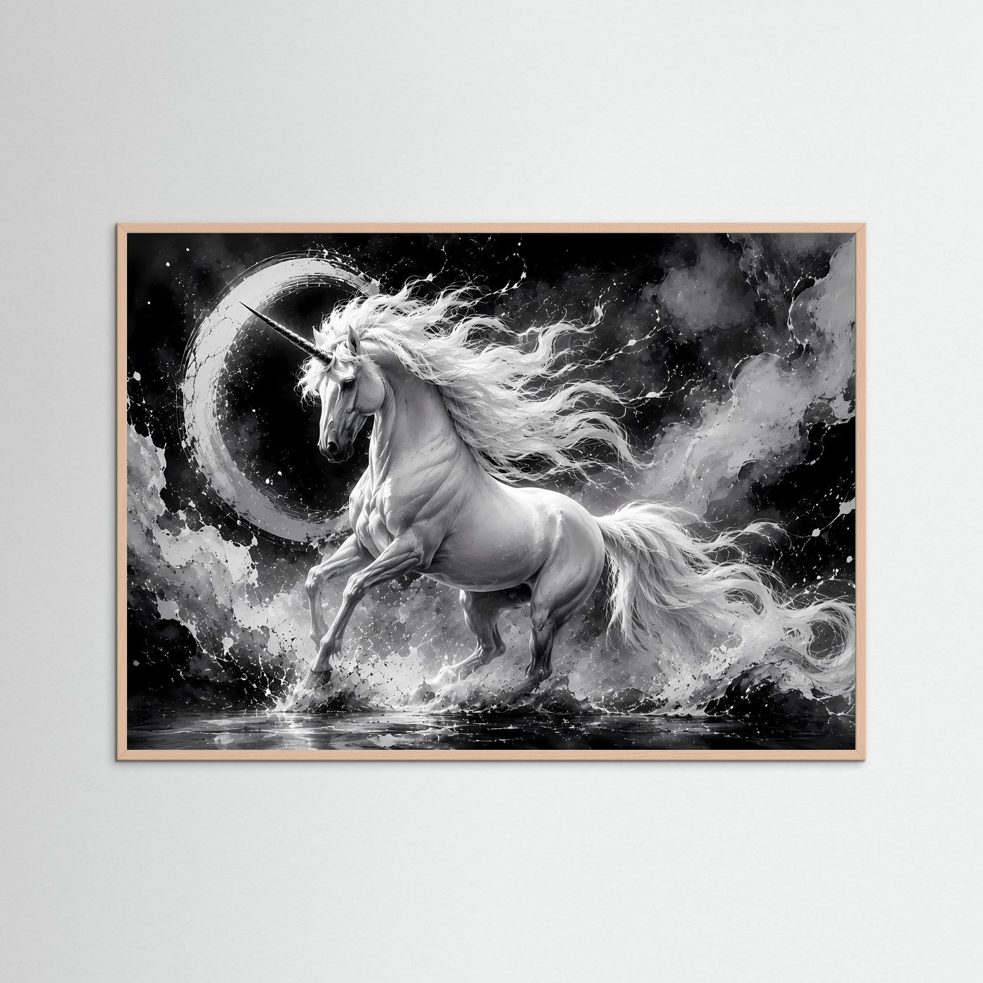 Einhorn Schwarz Weiß Poster Querformat | Mystische Fantasy Wandkunst | Monochrome Elegante Leinwandkunst