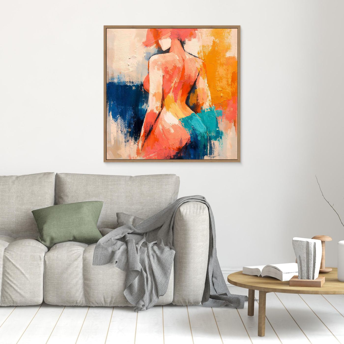 Abstract female back canvas wall art with orange-red figure and blue-teal brush strokes, wood frame