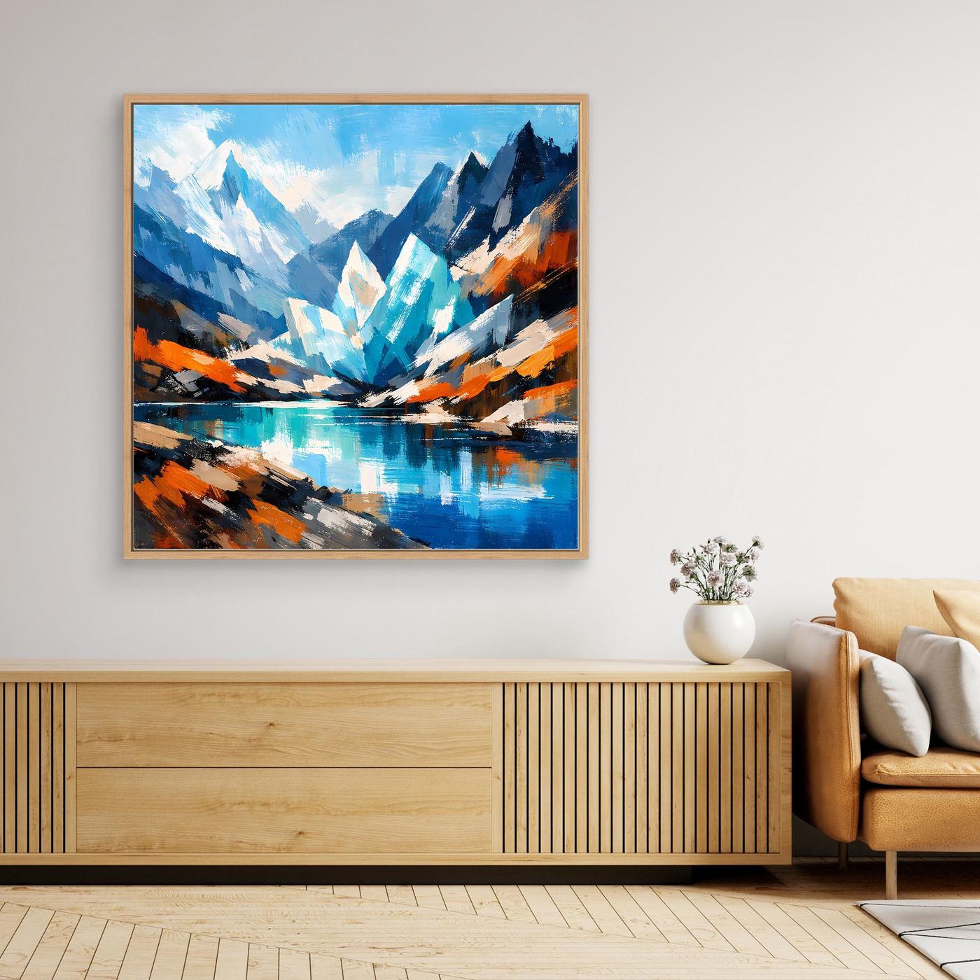 Gerahmtes Leinwand-Wandbild mit abstrakter Berglandschaft, Gletschersee und orangefarbenen Felsen