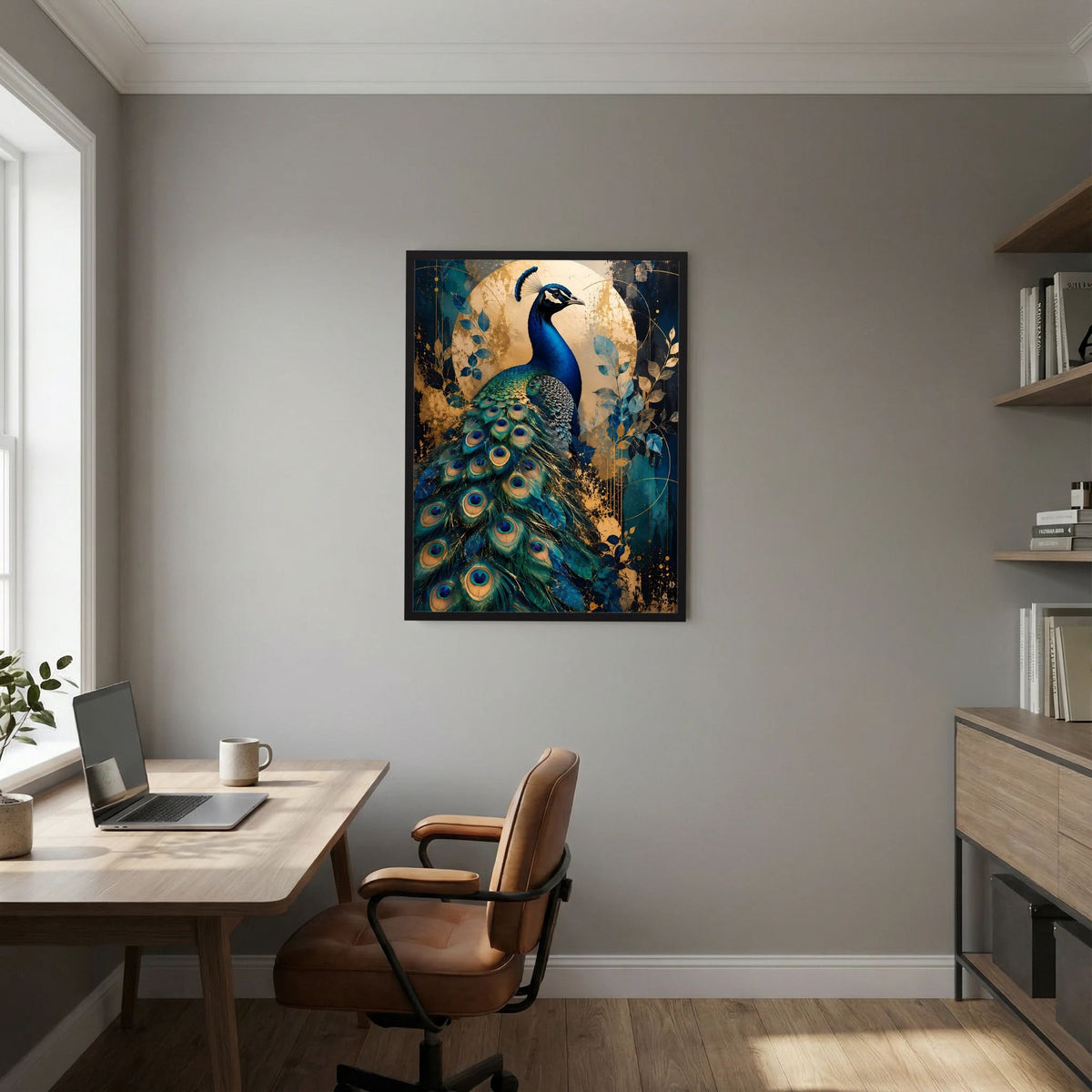 Pfauen-Poster in Blau und Gold, mit schwarzem Rahmen