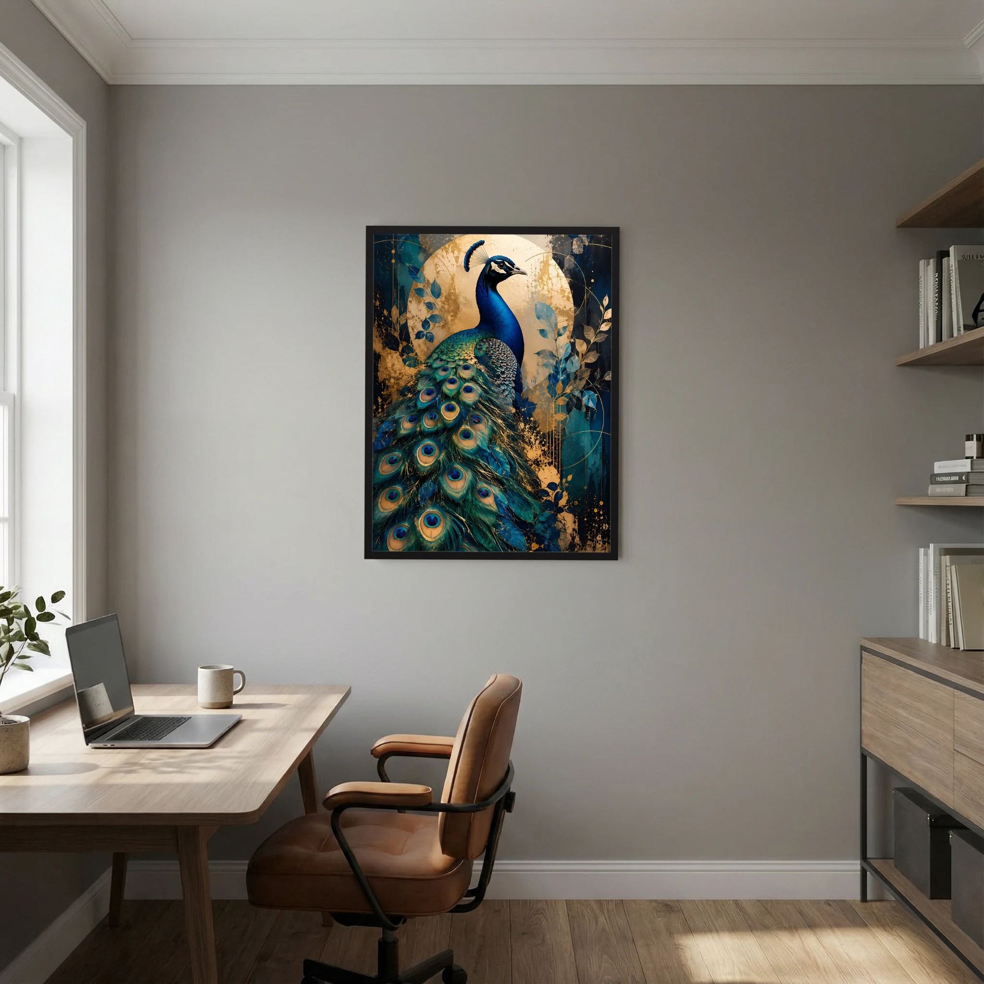 Pfauen-Poster in Blau und Gold, mit schwarzem Rahmen