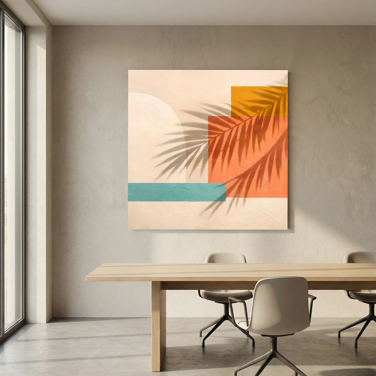 Leinwand Abstrakte Geometrie mit Palmenschatten | Modernes Boho Wandbild Terracotta