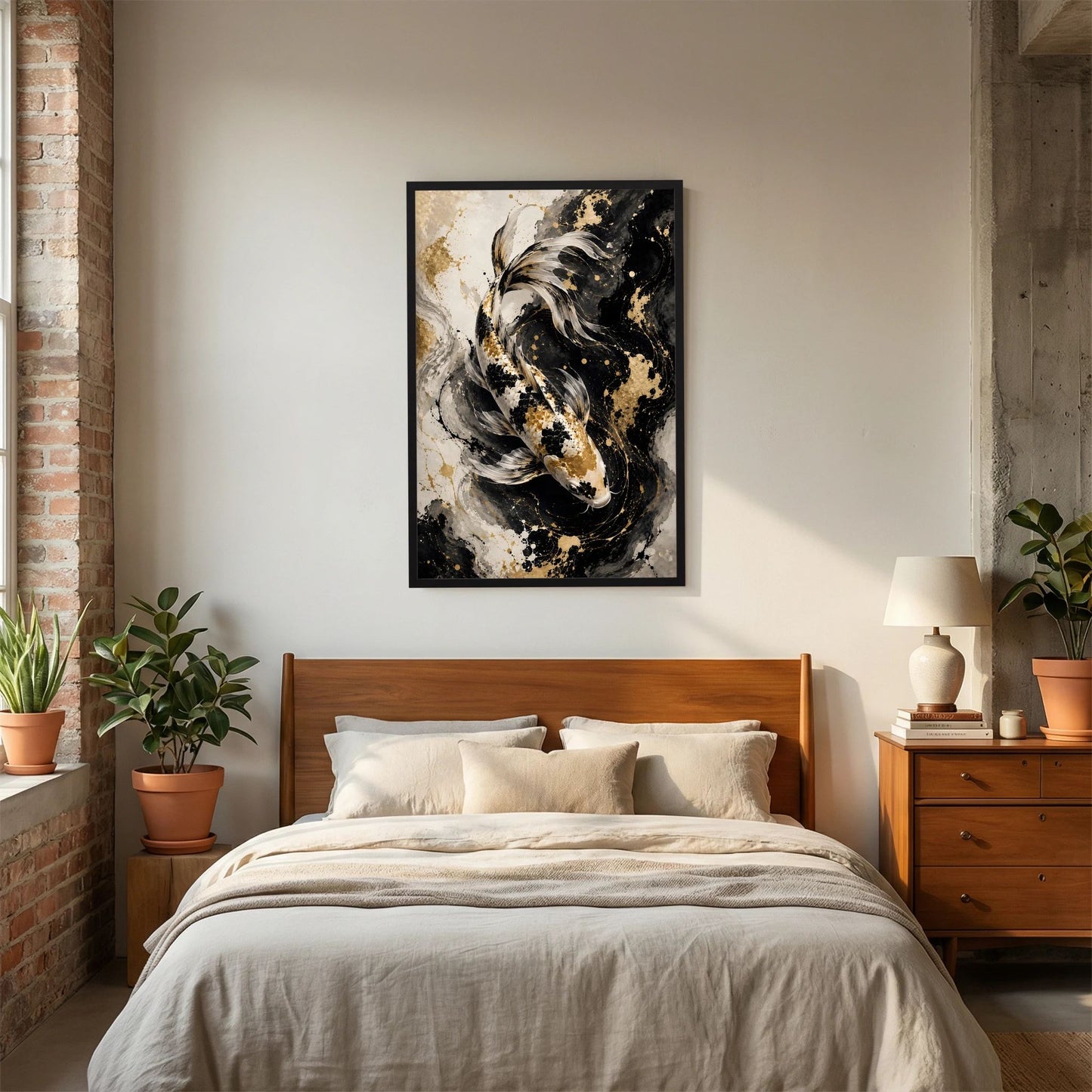 Koi-Wandposter im schwarzen Rahmen, abstrakter Koi in Schwarz, Weiß und Gold