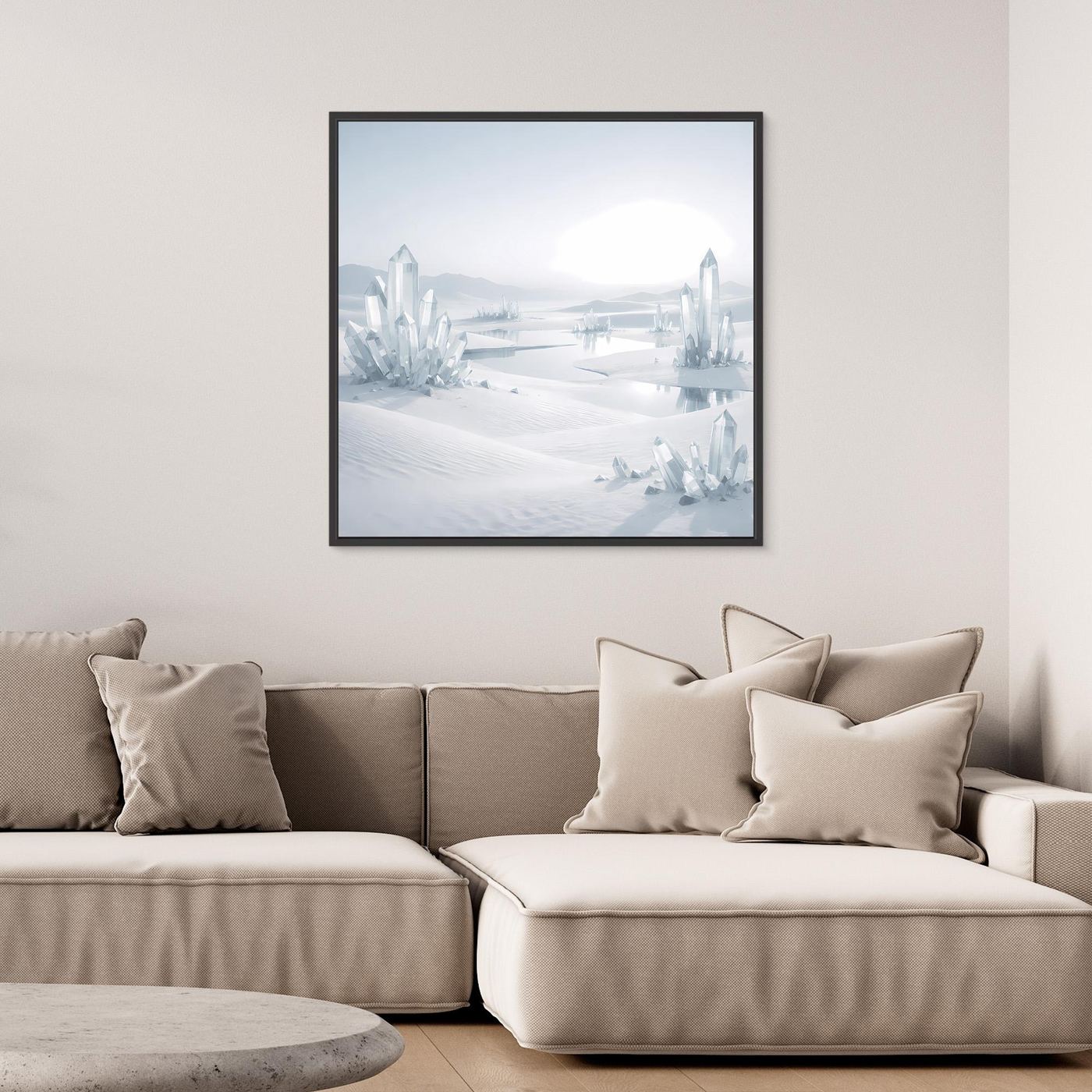 Leinwandbild mit kristalliger Winterlandschaft, schwarzer Rahmen