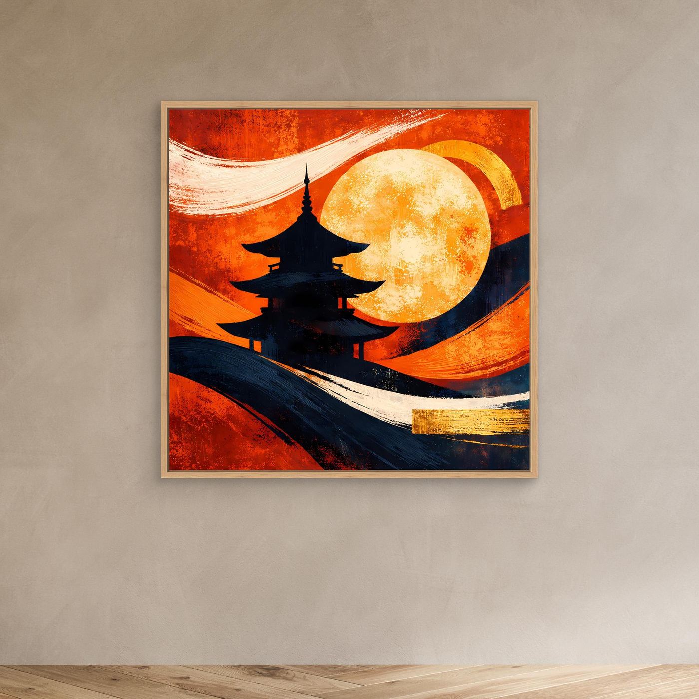 Leinwandbild mit Pagode und Vollmond, Rot-Orange und Blau, im goldbraunen Holzrahmen