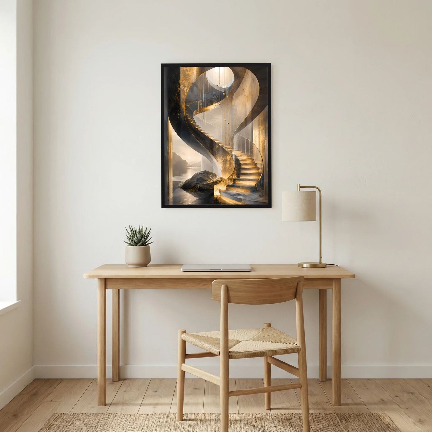 Gerahmtes Hochformat-Poster mit goldener Wendeltreppe, schwarzer Umrandung