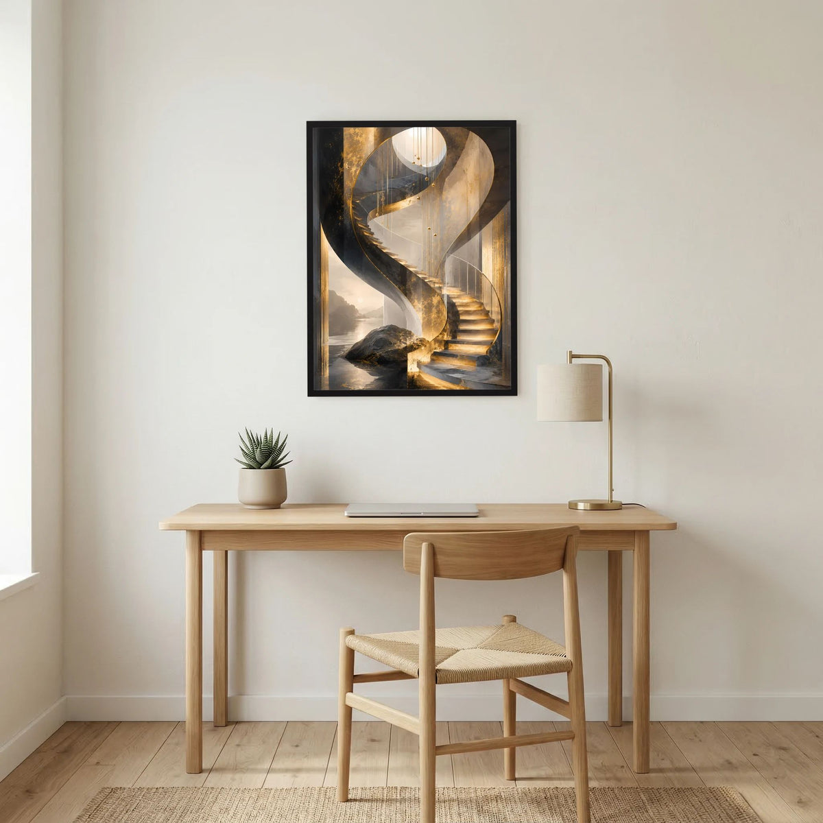 Gerahmtes Hochformat-Poster mit goldener Wendeltreppe, schwarzer Umrandung