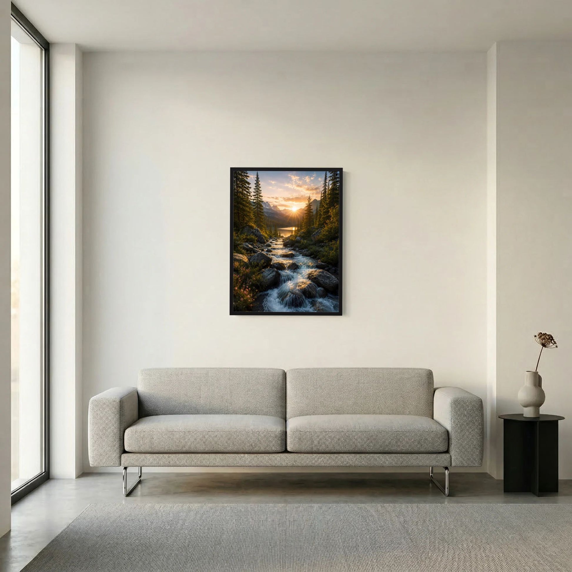Wandposter im Hochformat mit Sonnenuntergang am See, umgeben von Wald und Bach, schwarzer Rahmen