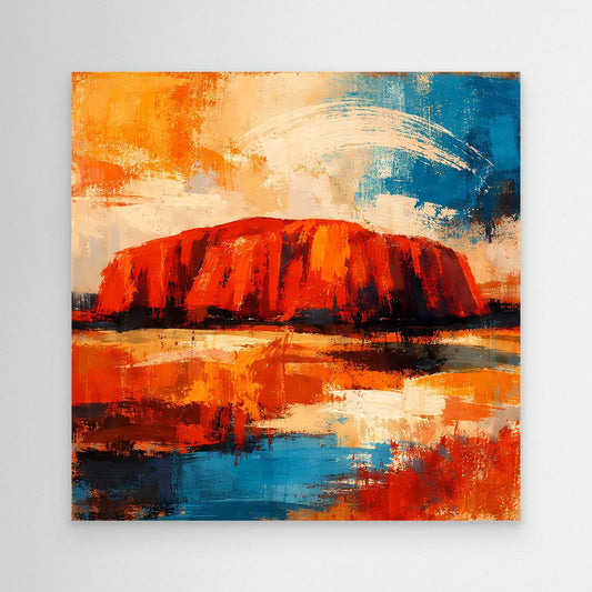 Abstraktes Leinwand-Wandbild mit Uluru-Fels in Rot/Orange und Blau.
