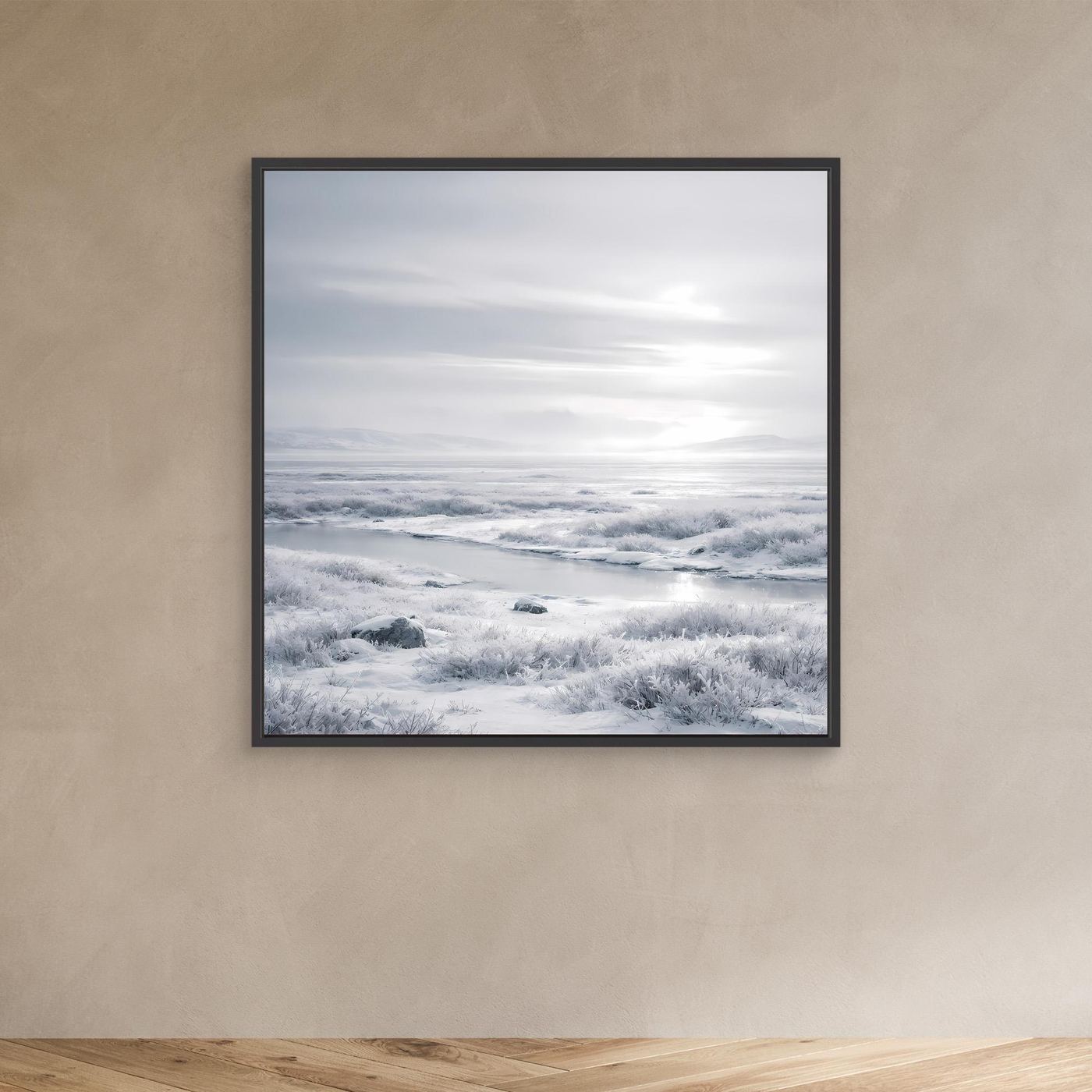 Leinwandbild mit schwarzem Rahmen und verschneiter Winterlandschaft, winterliche Schneeszene