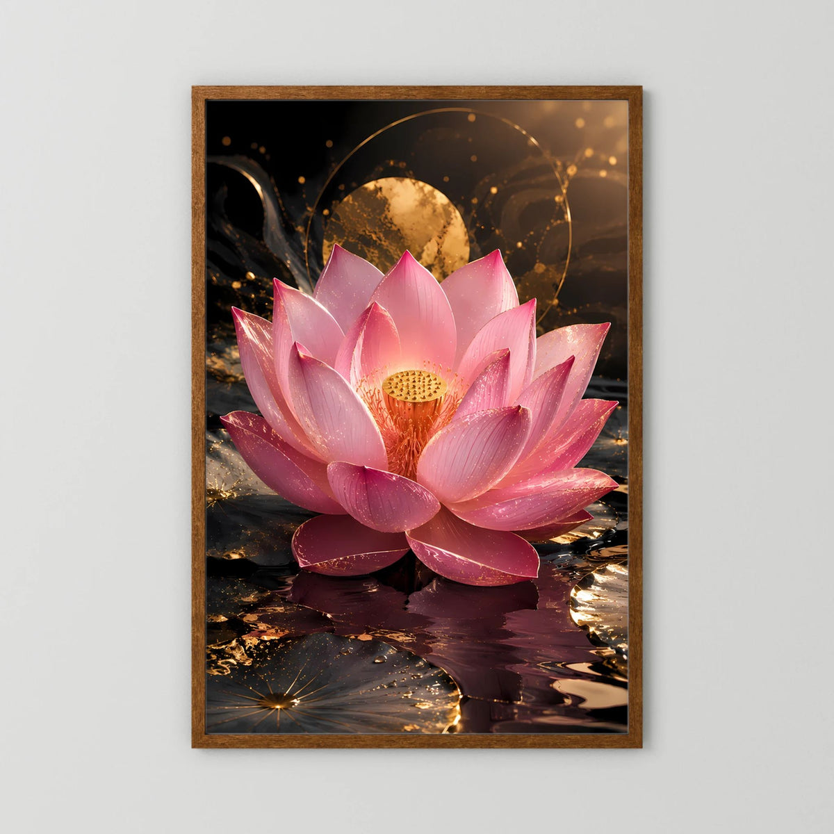 Lotusblüten-Poster im braunen Holzrahmen, rosa Lotusblüte über spiegelndem Wasser