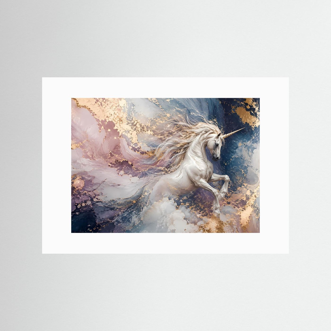 Weißes Einhorn in Gold & Pastell | Elegante Fantasy Kunst