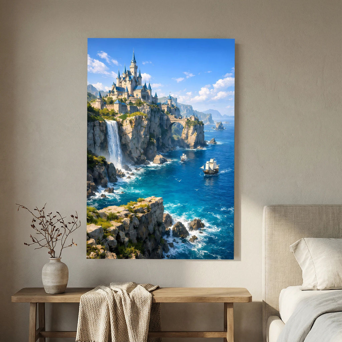 Hochkantiges Wandposter mit blauem Rand: Schloss auf Klippen mit Wasserfällen und Meer