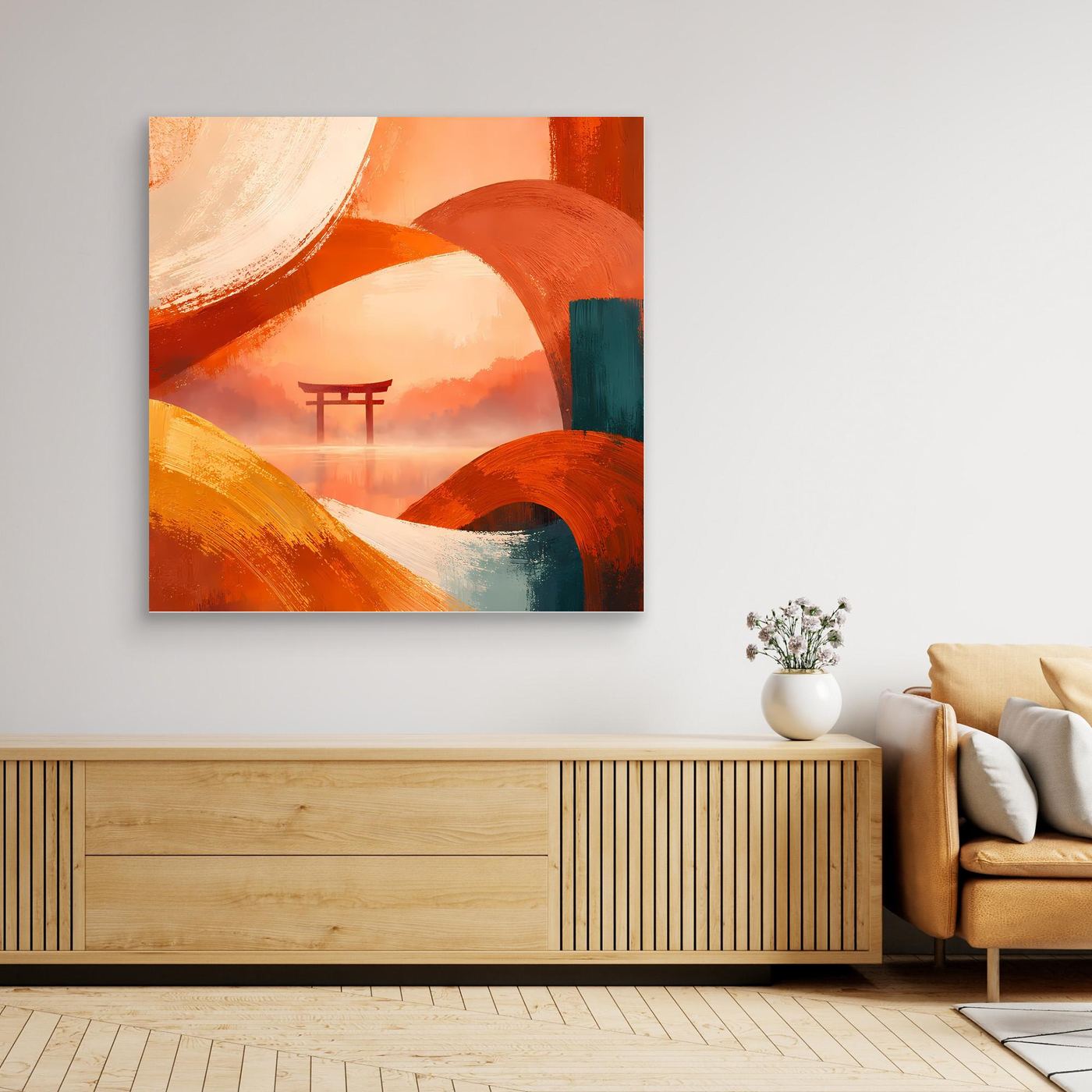 Gerahmtes Leinwandbild mit Torii-Silhouette in warmen Orange- und Rottönen