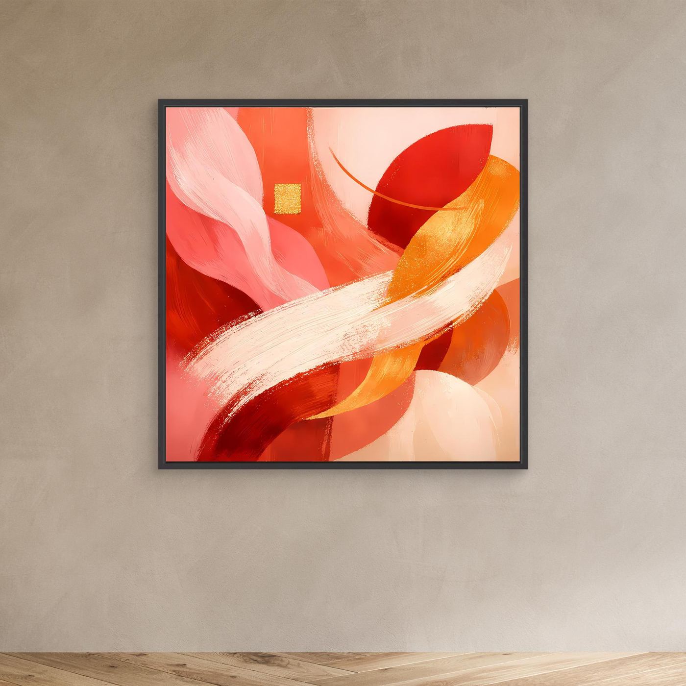 Quadratisches Leinwandbild mit roten, orangen und goldenen Pinselstrichen im schwarzen Rahmen