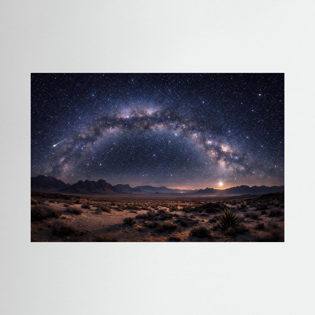 Wandbild im Querformat mit Milchstraße über Wüstenlandschaft bei Nacht