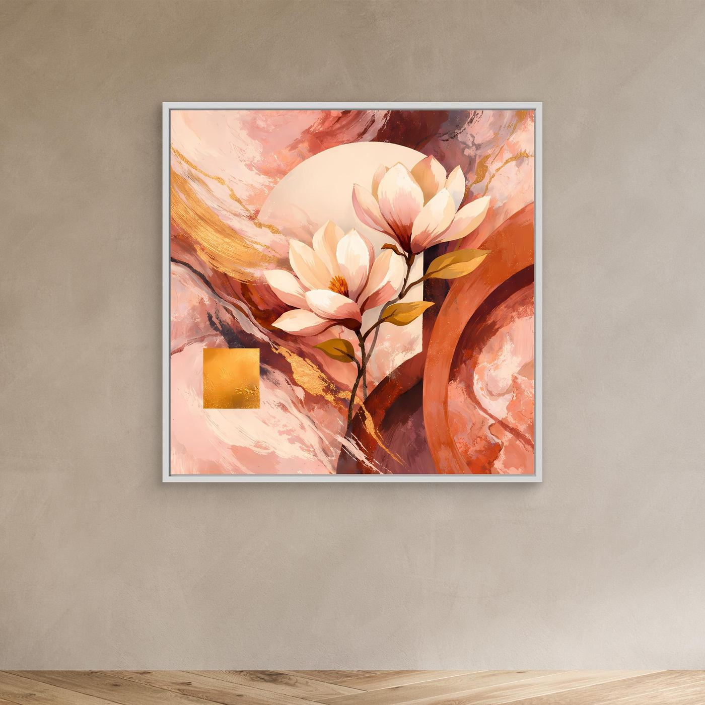 Florales Leinwandbild mit Magnolienblüten, grauer Rahmen, Rosa-Orange und Goldakzent