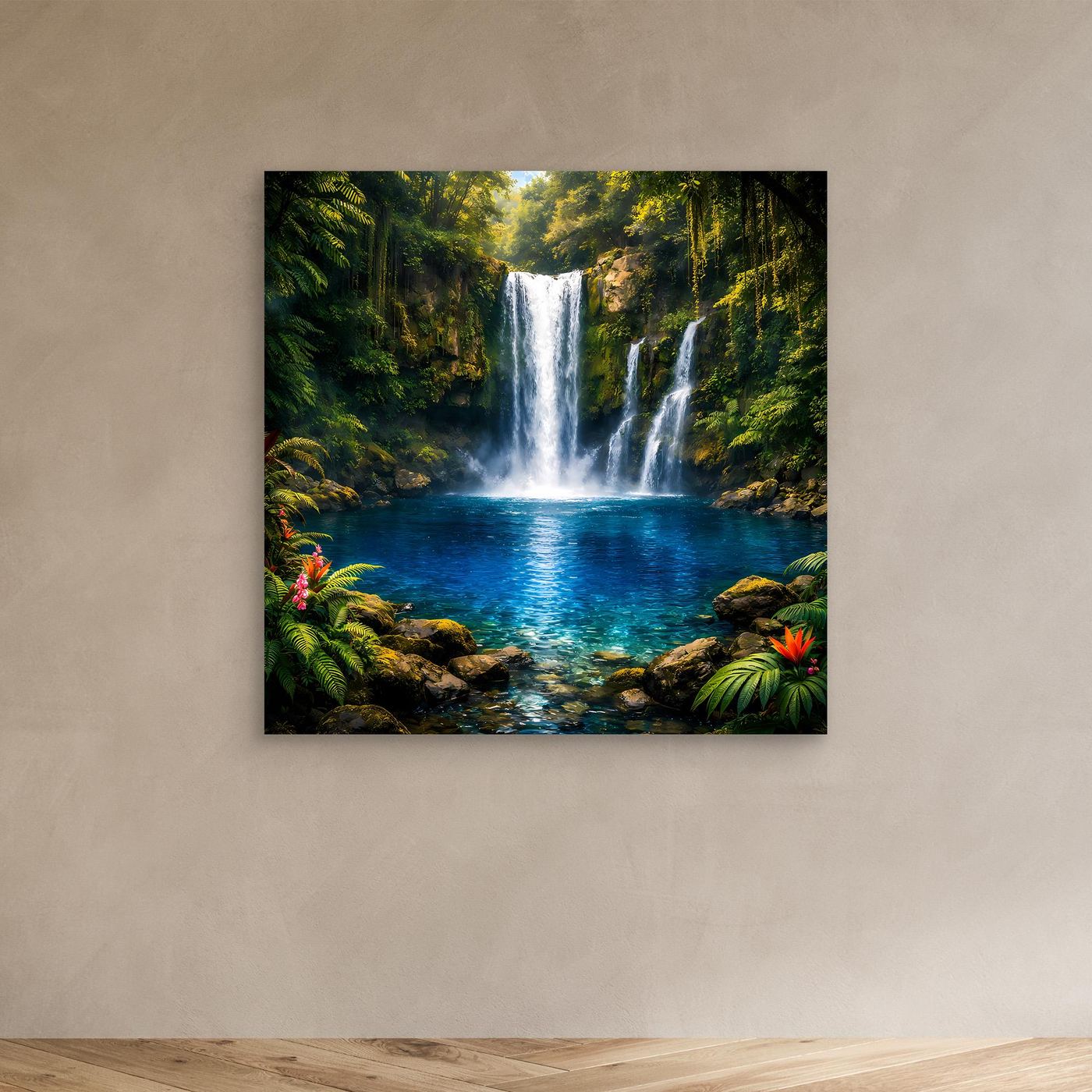 Leinwandbild mit tropischem Wasserfall und Dschungelpflanzen, ohne sichtbaren Rahmen