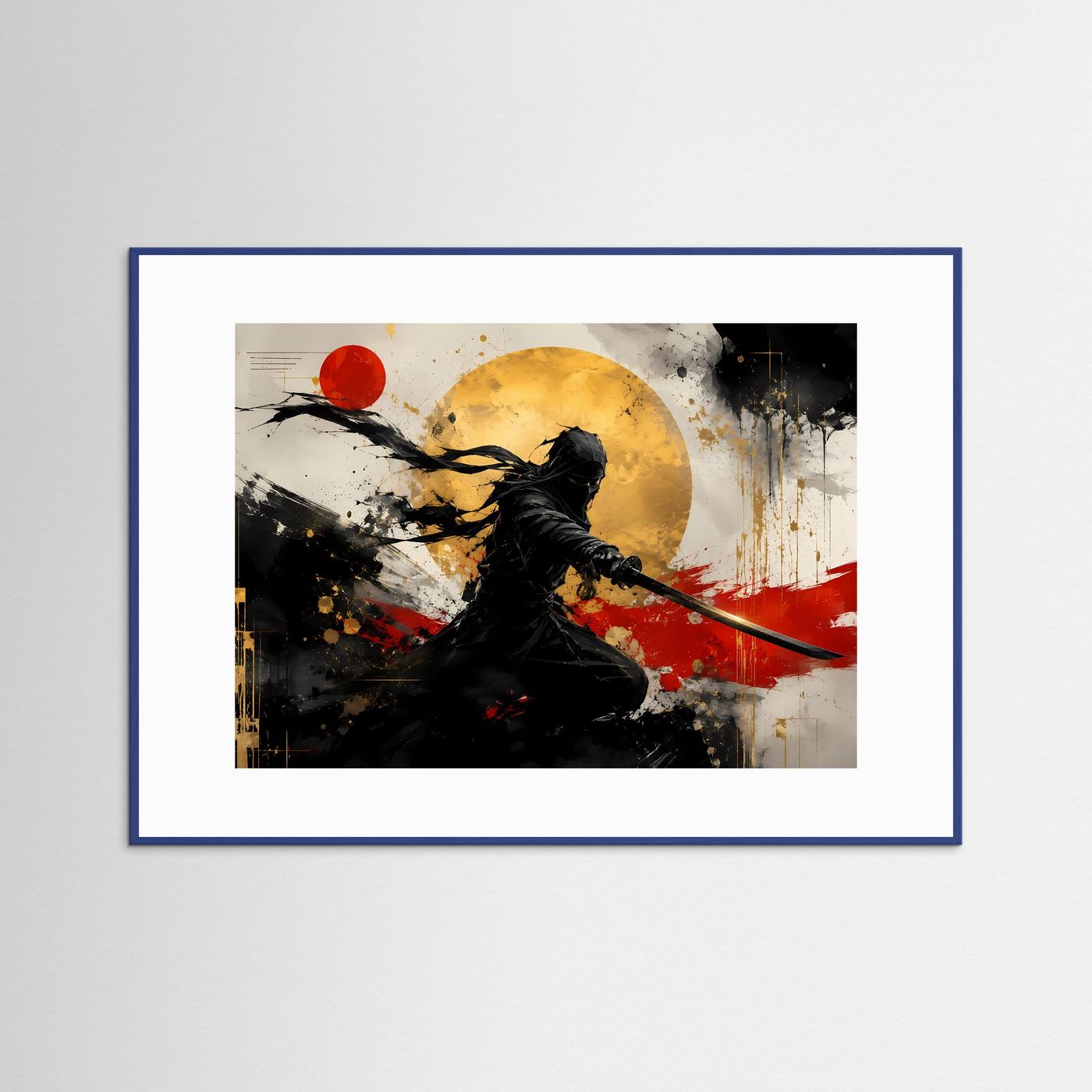 Schatten des Samurai | Japanisches Action & Ink Art Poster mit Gold- und Rot-Akzenten