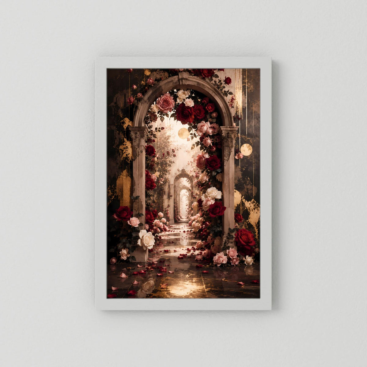 Poster im Hochformat: Rosen-Torbogen mit goldenem Licht, dunkelrote Blumen, weißer Rahmen