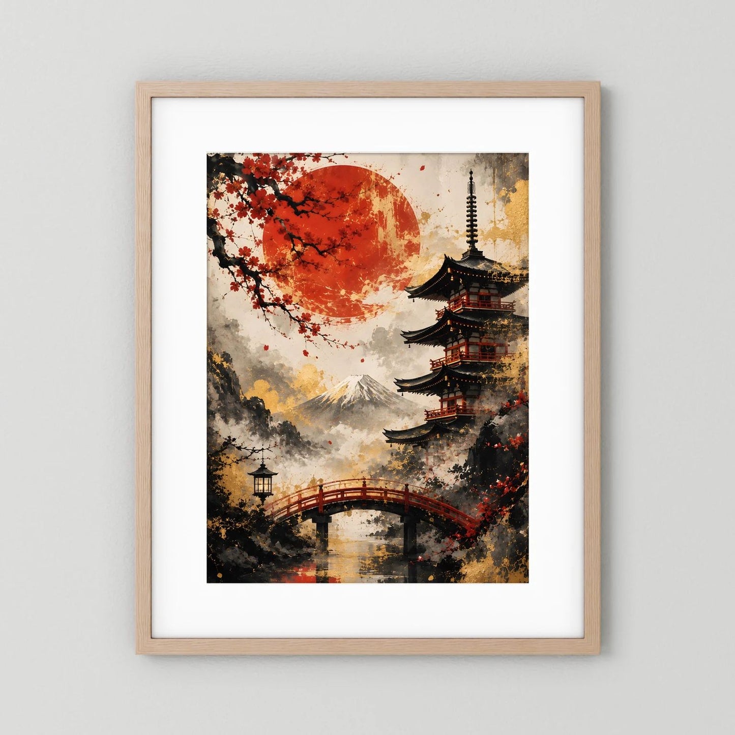 Wandbild im hellbraunen Holzrahmen mit Pagode, roter Sonne, Kirschblüten und Brücke