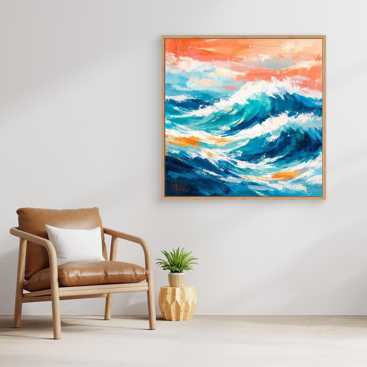 Abstraktes Leinwandbild mit türkisblauer Welle und weißem Schaum, orange Himmel, goldener Rahmen