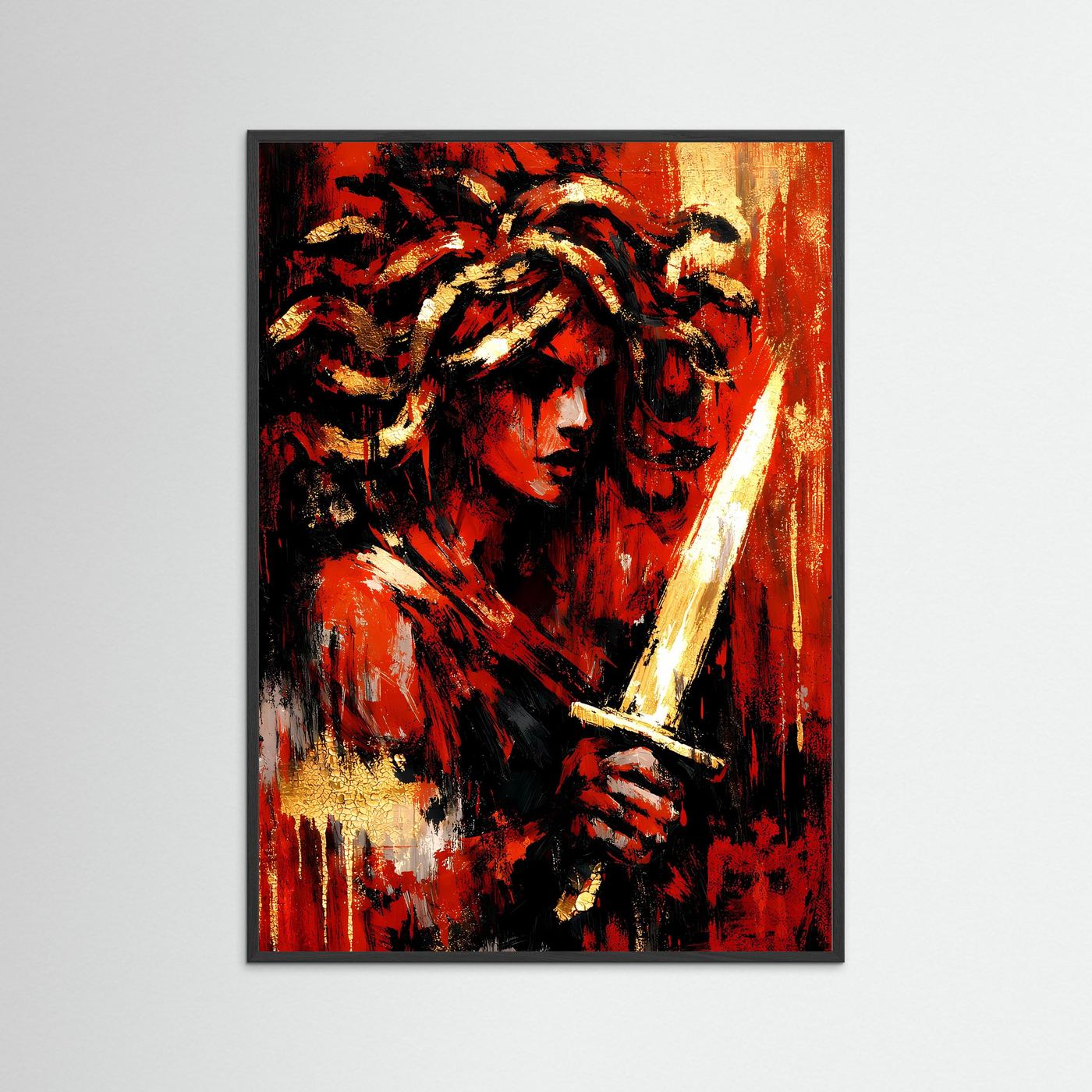 Hochformat-Kunstposter im schwarzen Rahmen: abstraktes Frauenporträt, Rot, Gold, Schwarz