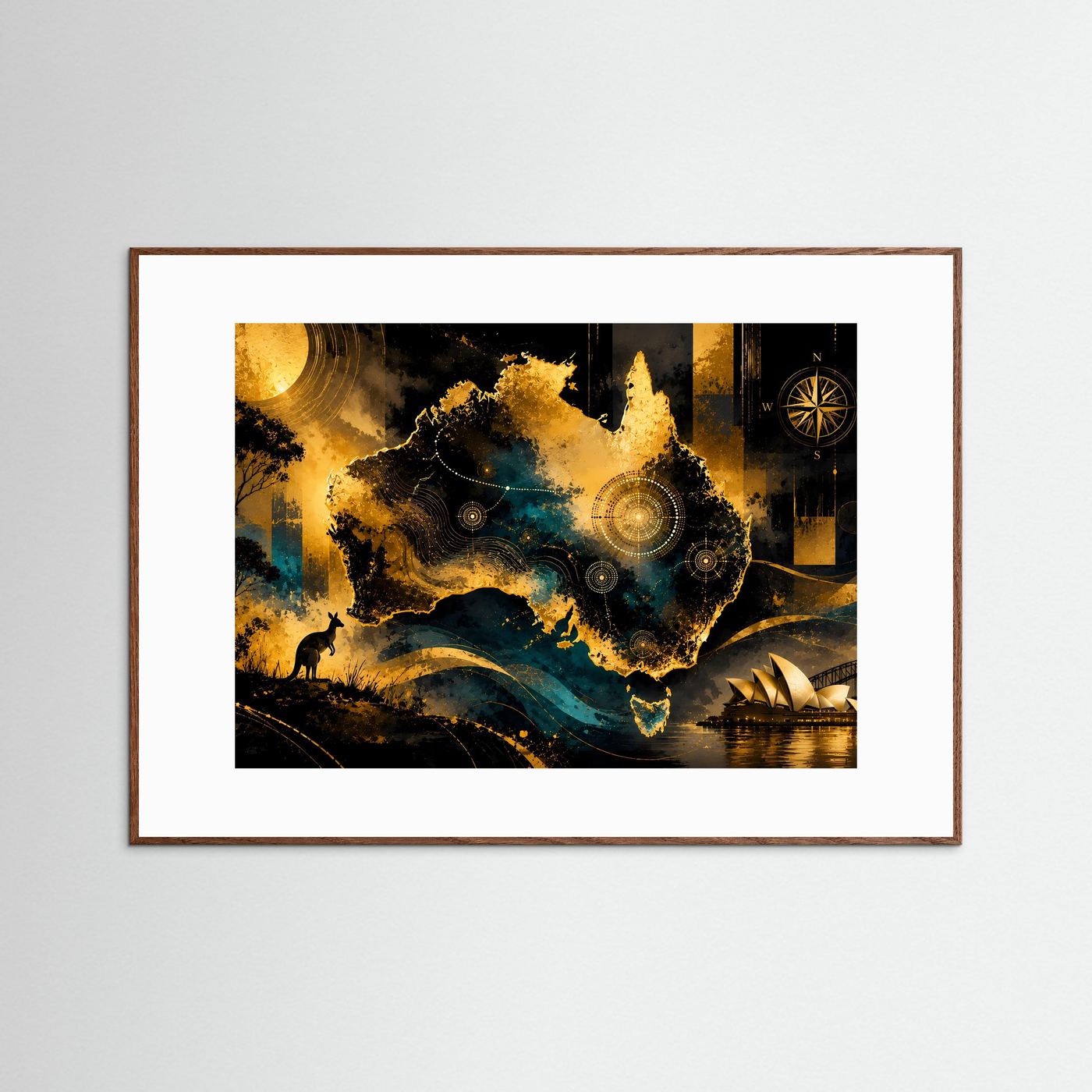 Querformat-Poster: abstrakte Australienkarte mit Känguru, Schwarz-Gold, heller Holzrahmen
