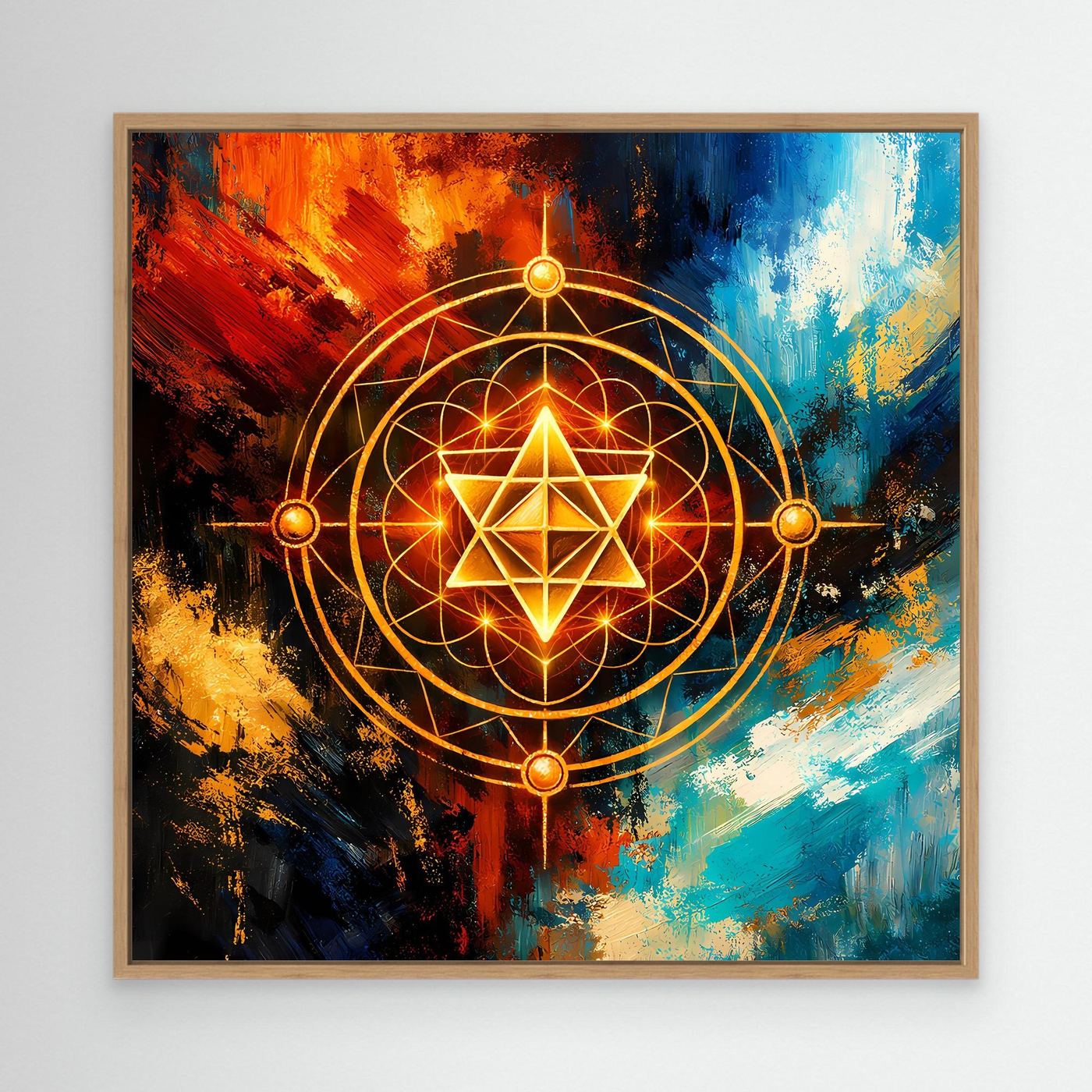 Gerahmtes Leinwandbild mit goldener Merkaba-Geometrie und leuchtendem Stern, Eichenrahmen