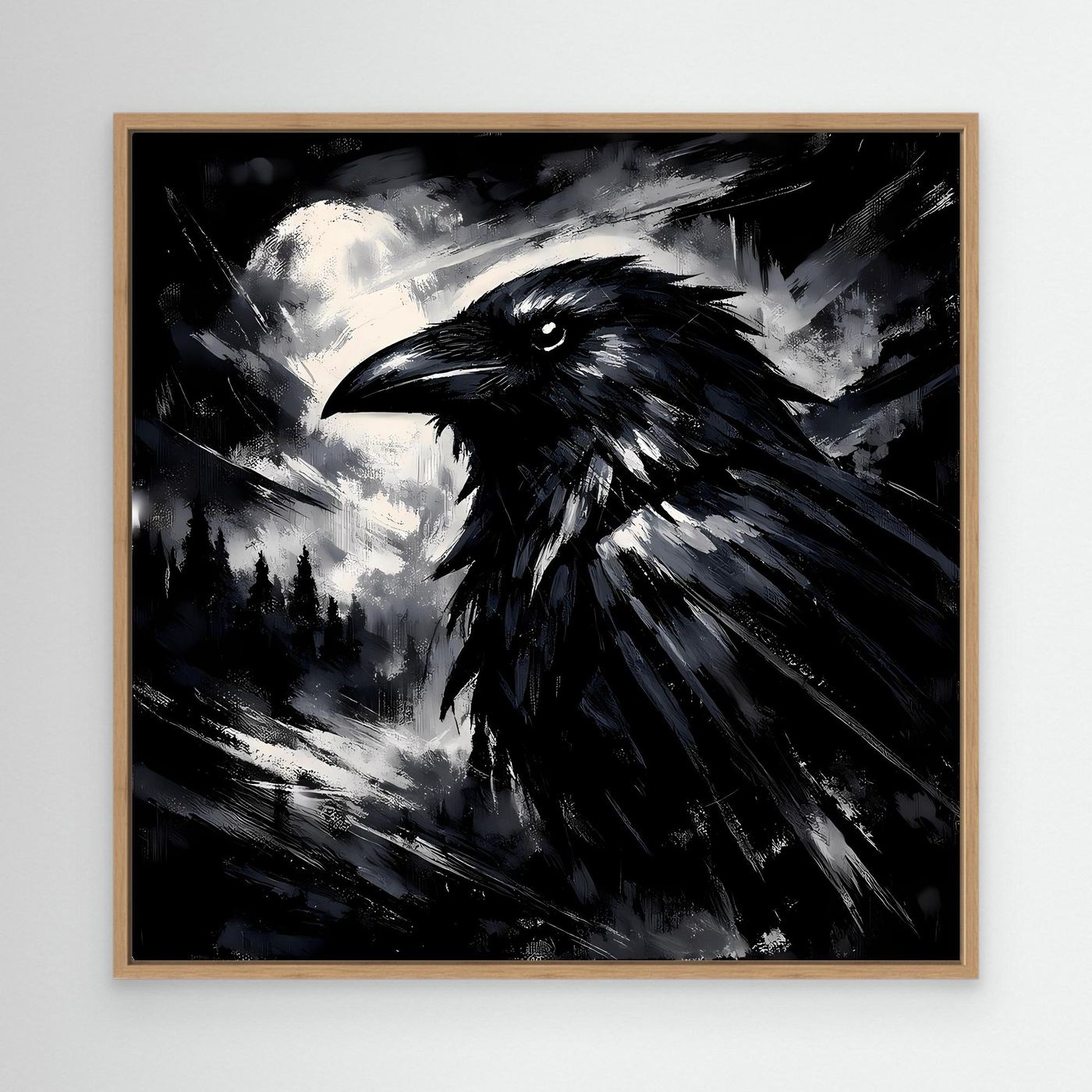 Abstraktes Leinwandbild mit schwarzem Raben im Vollmond-Stil, Holzrahmen Eiche