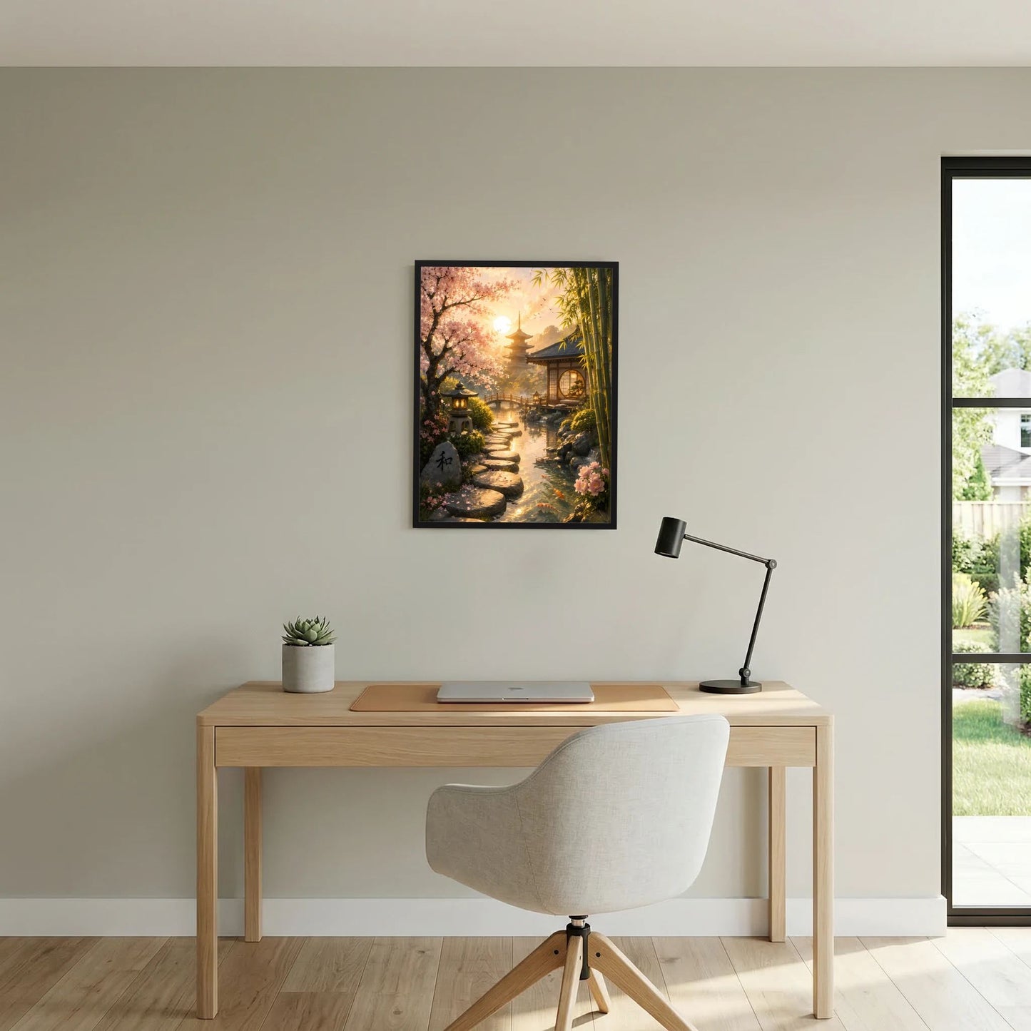 Hochformat-Poster Zen-Garten mit goldenen Strahlen, Weg und Pagode, schwarz gerahmt