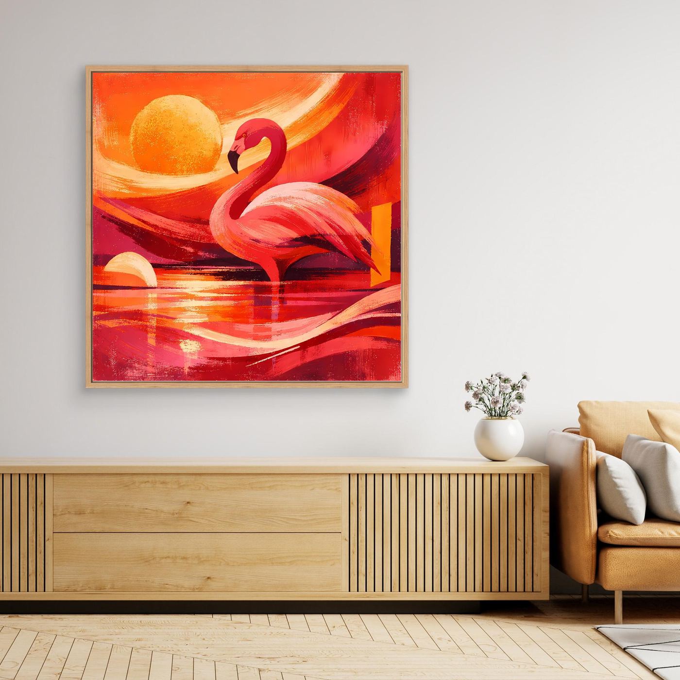 Leinwandbild mit pinkem Flamingo, orangefarbener Sonne und spiegelnden roten Wellen