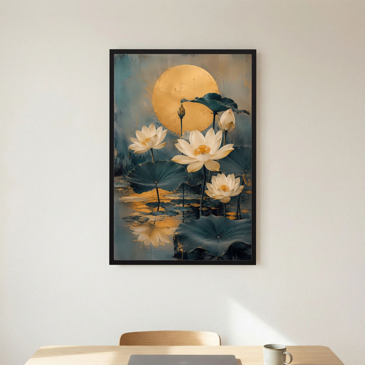 Gerahmtes Poster im Hochformat mit weißen Lotusblüten, blaugrünen Blättern und goldener Mondsichel
